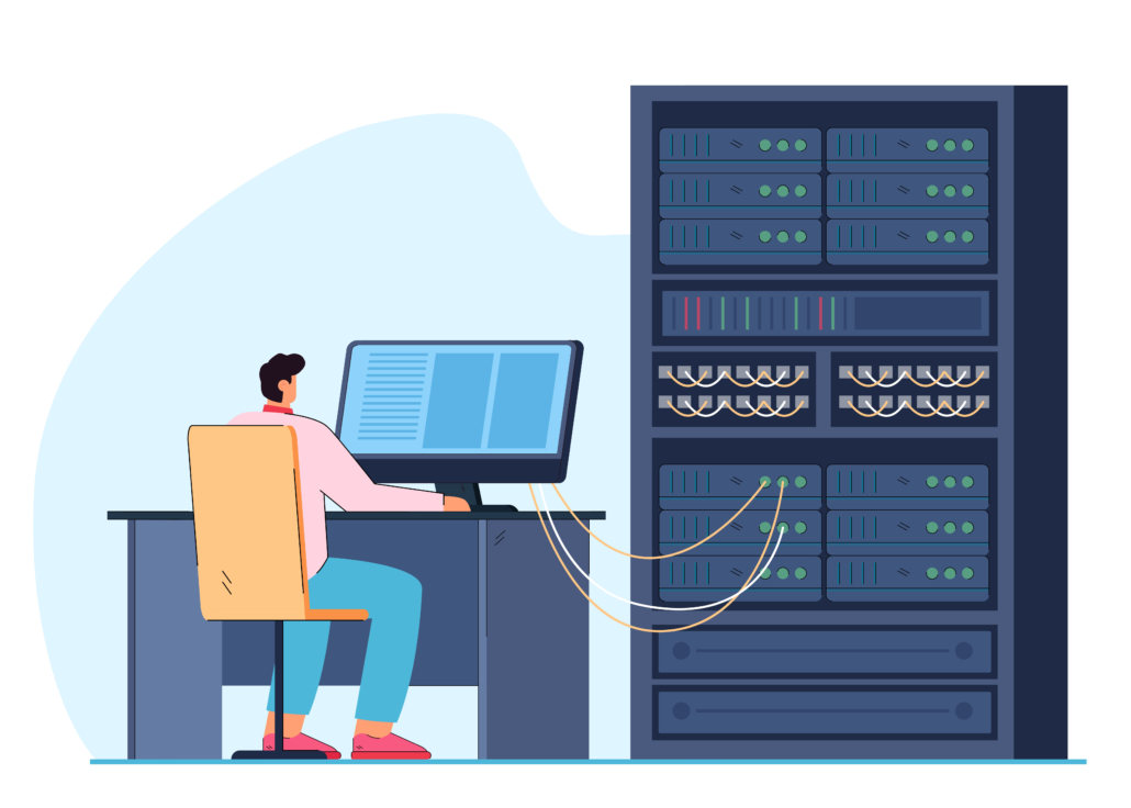 Network engineer working on computer server rack switchboard